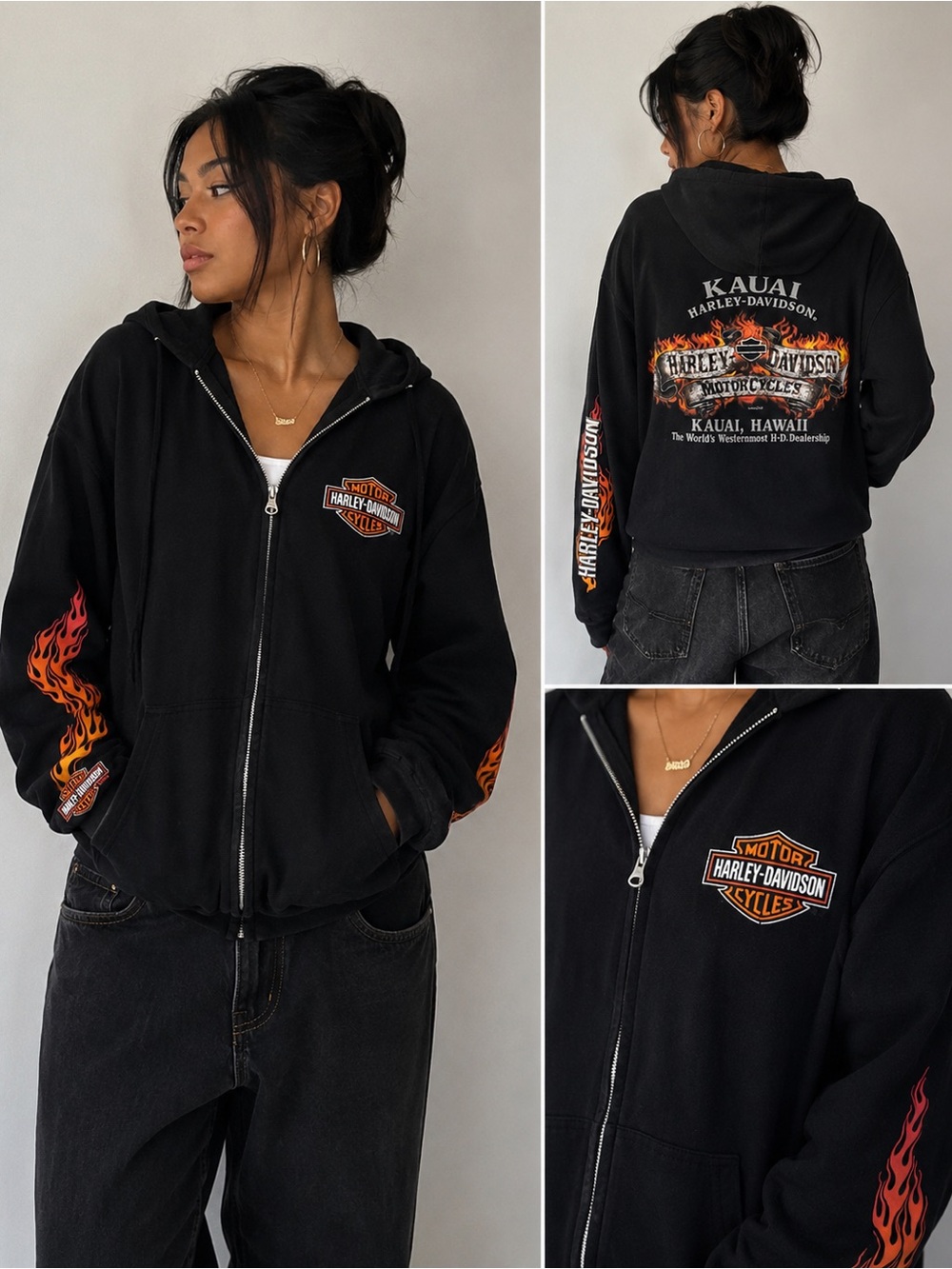 Harley-Davidson Kauai Hawaii Full Zip Hoodie Black Flame Graphic Size L